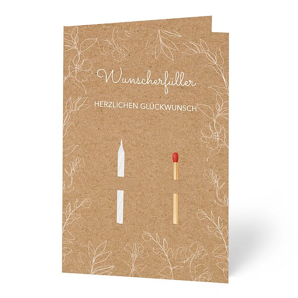 Bild 1 - Gl�ckwunschkarte - Make a wish - mit kleiner Kerze und aufgedruckten Zweigen