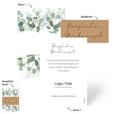 Glckwunschkarte Eukalyptus mit Banderole